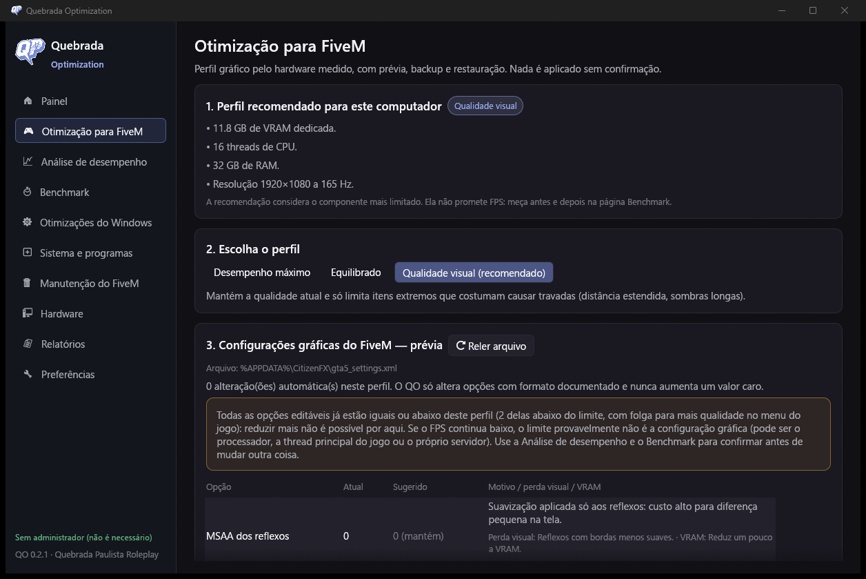 Tela Otimização para FiveM: perfil recomendado pelo hardware, escolha entre Desempenho máximo, Equilibrado e Qualidade visual, e prévia das configurações gráficas.